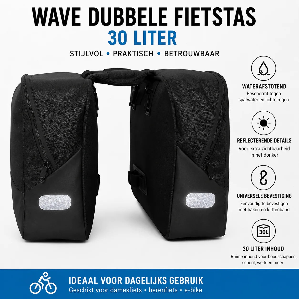 Wave Dubbele Fietstas - 30L - Zwart