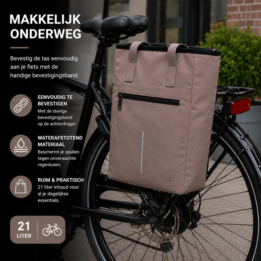 Splash Luxe Fietstas Shopper - 2-in-1 Handtas & Pakaftas - 21L - Taupe