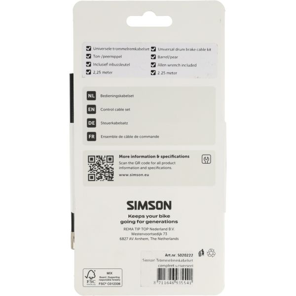 Trommelremkabelset Simson compleet universeel RVS - zwart